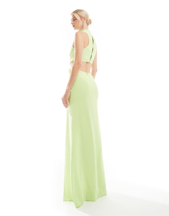 ASOS DESIGN Lång racerhals maxiklänning med tvist vid midjan i limegrön - Image 3