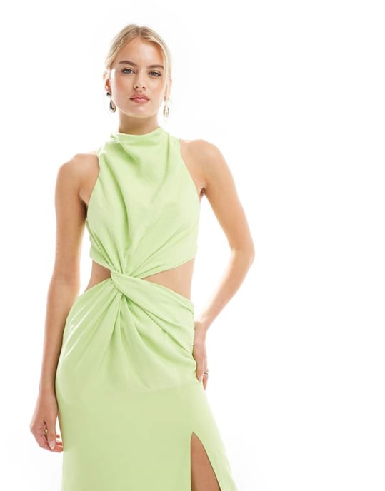 ASOS DESIGN Lång racerhals maxiklänning med tvist vid midjan i limegrön - Image 4