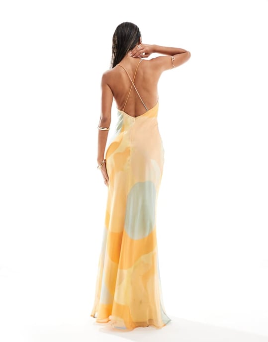ASOS DESIGN maxiklänning med cami-design och satinbyst samt spänndetalj i orange abstrakt mönster - Image 3