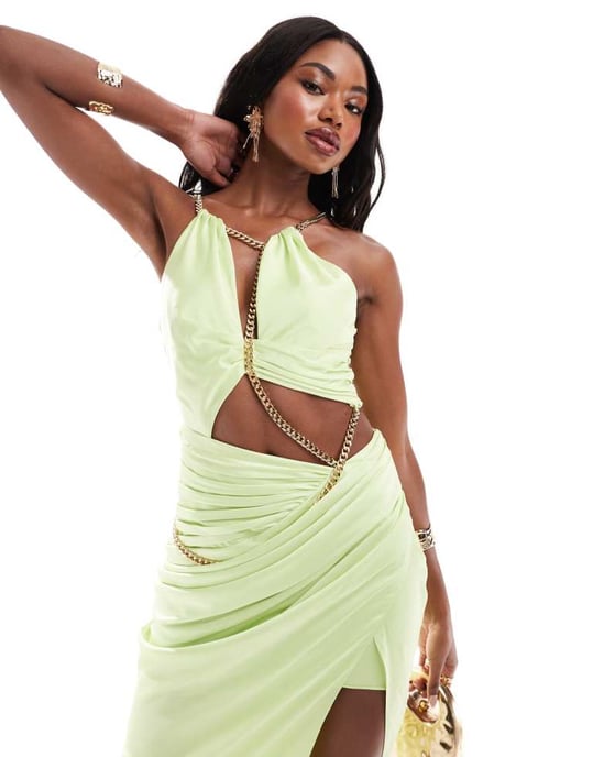 ASOS DESIGN halterneck satin draperad maxiklänning med kedjehårdvara i lime - Image 2