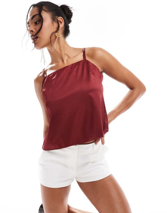 ASOS DESIGN glänsande cami rückenlös topp i vinröd - Image 3