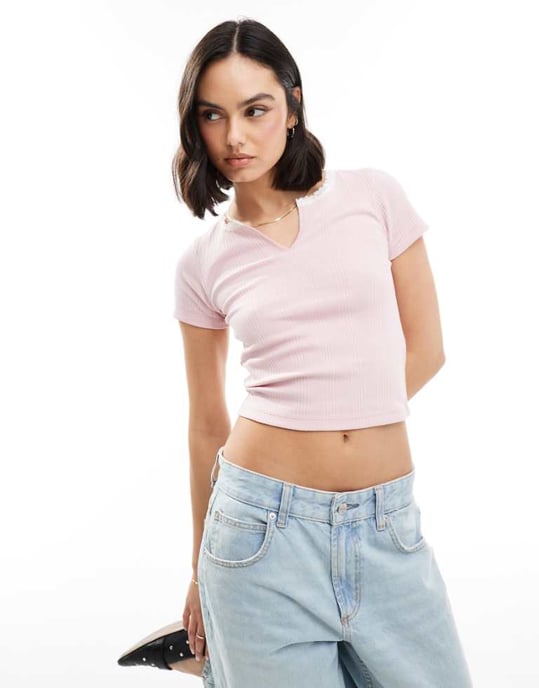 Miss Selfridge short sleeve notch front rib t-shirt in light pink - Image 1