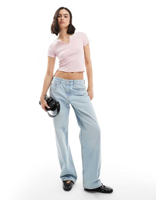 Miss Selfridge short sleeve notch front rib t-shirt in light pink - Image 2