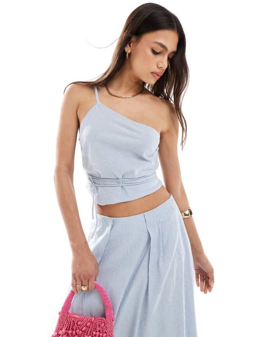 ASOS DESIGN one shoulder tie waist co-ord top in blue stripe - Image 1