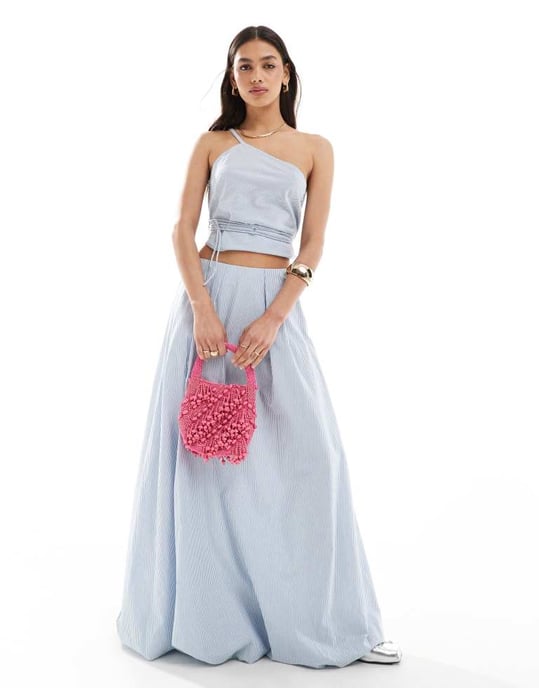 ASOS DESIGN one shoulder tie waist co-ord top in blue stripe - Image 2