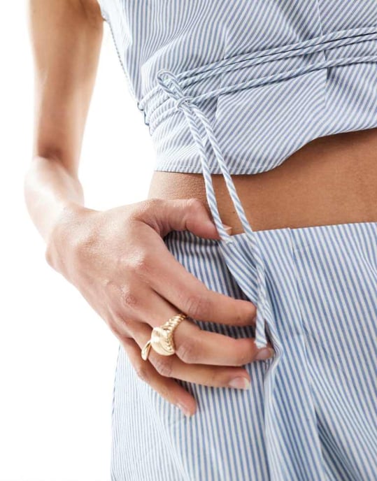 ASOS DESIGN one shoulder tie waist co-ord top in blue stripe - Image 3