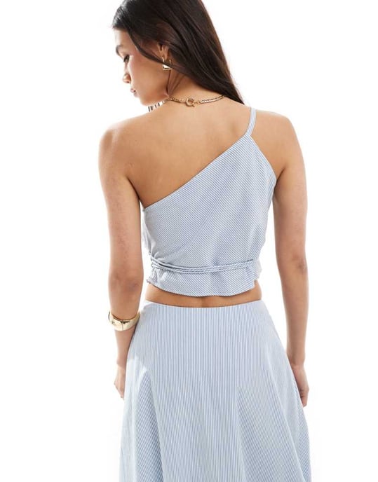 ASOS DESIGN one shoulder tie waist co-ord top in blue stripe - Image 4