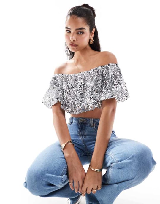 ASOS DESIGN paljett topp med bubbelslut i silver - Image 1