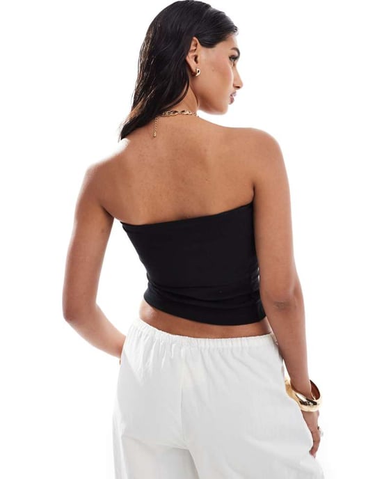ASOS DESIGN ribbad vikbandau-topp i svart - Image 4