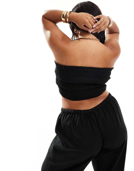 ASOS DESIGN Curve Isabel mix & match linne-look shirred bandeau strandtop i svart - Image 3