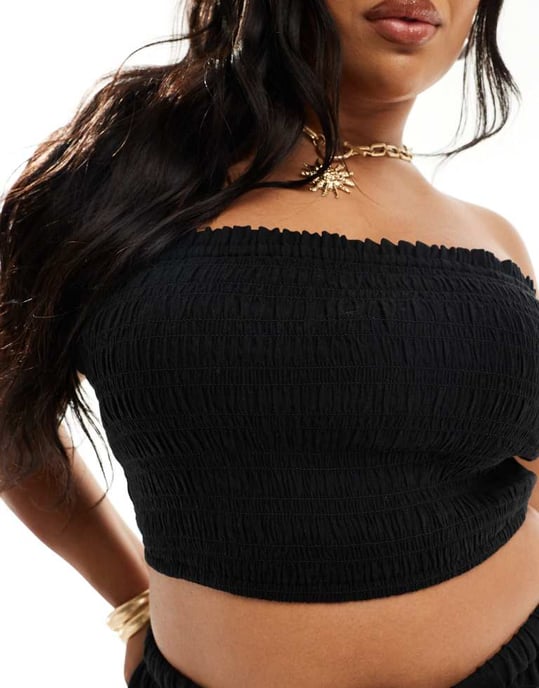 ASOS DESIGN Curve Isabel mix & match linne-look shirred bandeau strandtop i svart - Image 4