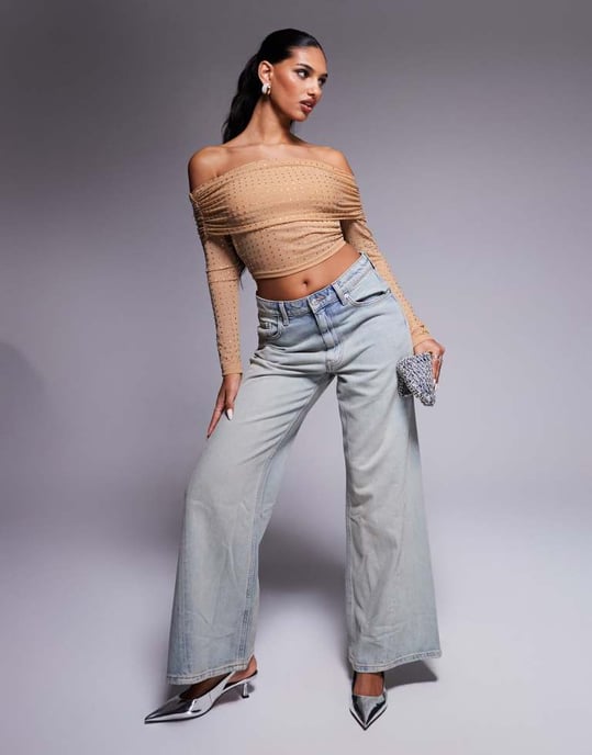 ASOS DESIGN hotfix off-shoulder långärmad topp i sten - Image 3