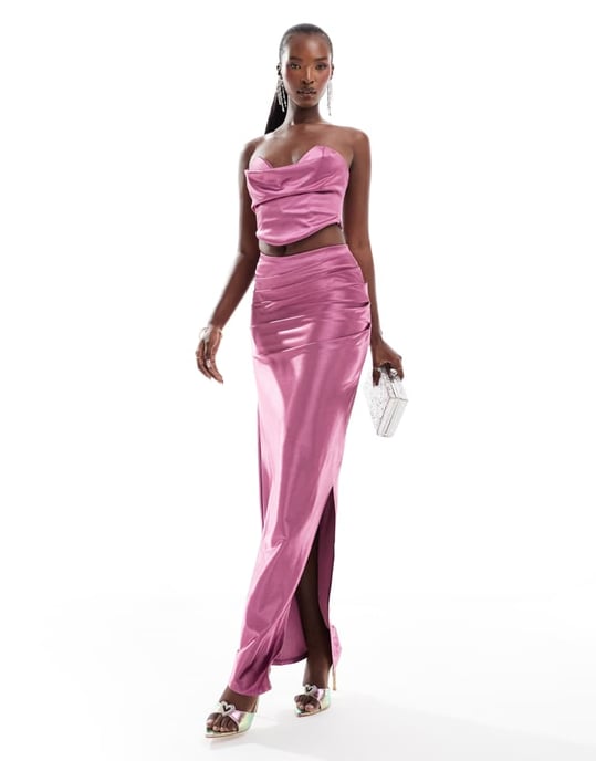 ASOS DESIGN koordinerad satintwill utan axelband korsetttopp med V-bar i mauve - Image 2