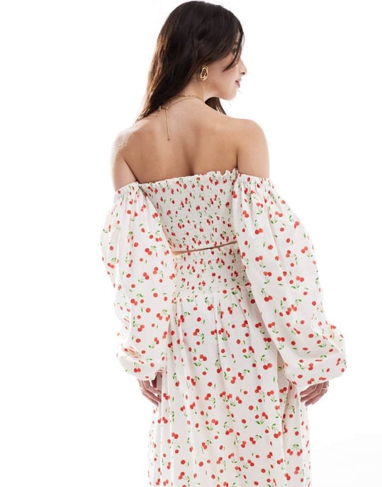 ASOS DESIGN rynkad off shoulder topp i körsbärsmönster co-ord - Image 3