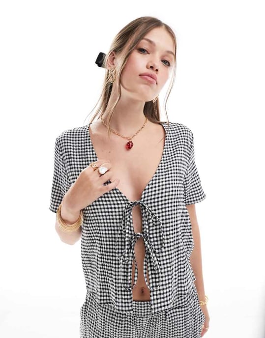 JDY front tie top co-ord in gingham - Image 1