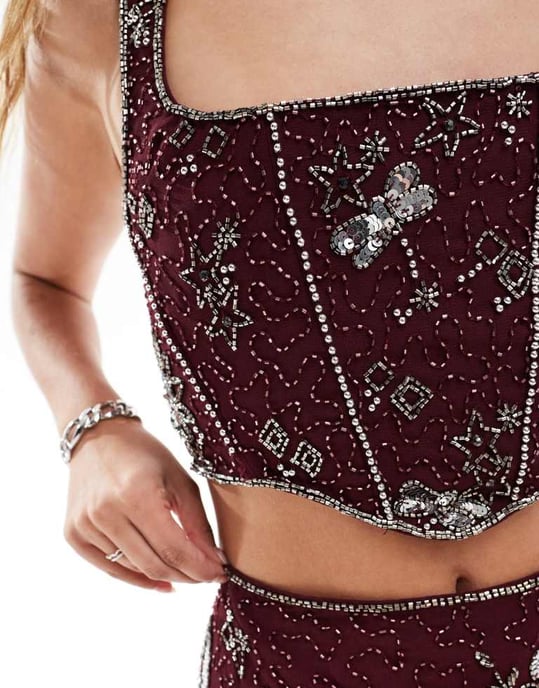 ASOS DESIGN celestial embellished sequin co-ord top in plum - Image 3