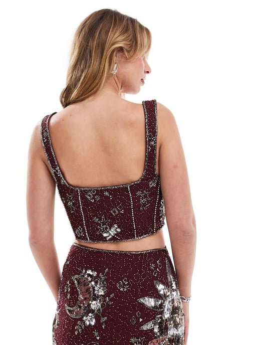 ASOS DESIGN celestial embellished sequin co-ord top in plum - Image 4