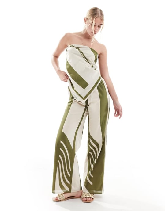 SNDYS kontrasterande randig bandeau wrap topp co-ord i olivrand - Image 4