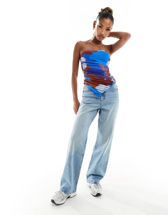 ASOS DESIGN rynkad mesh korsettopp med asymmetrisk fåll i tryck - Image 4