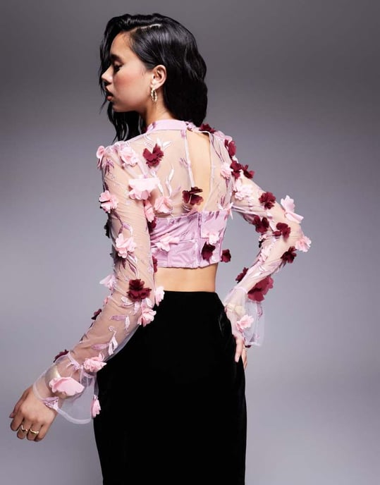 ASOS LUXE 3D blommig organza topp i rosa och röd - Image 3