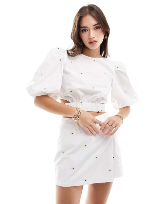 ASOS DESIGN broderad puffärm co-ord i blommönster - Image 1