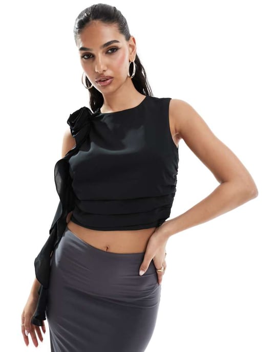 Abercrombie & Fitch draped rosette crop top in black - Image 1