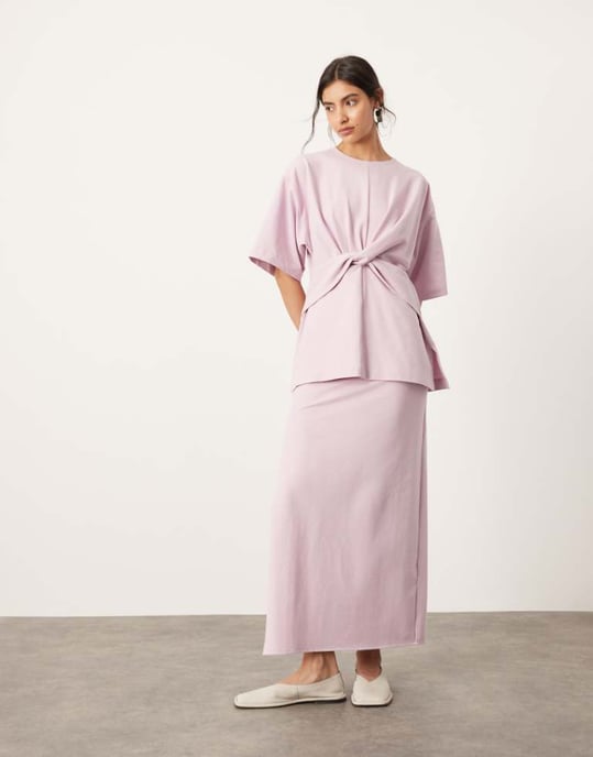 ASOS EDITION premium texturerad jersey maxikjol co-ord med sidoklyfta i lilak - Image 1