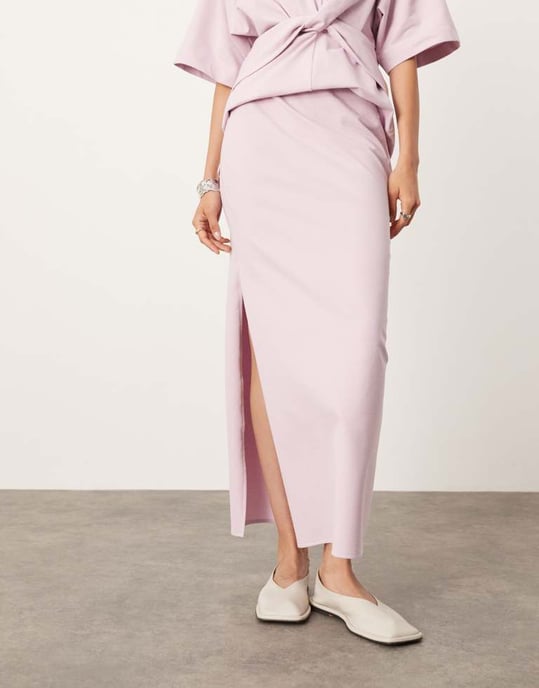 ASOS EDITION premium texturerad jersey maxikjol co-ord med sidoklyfta i lilak - Image 3