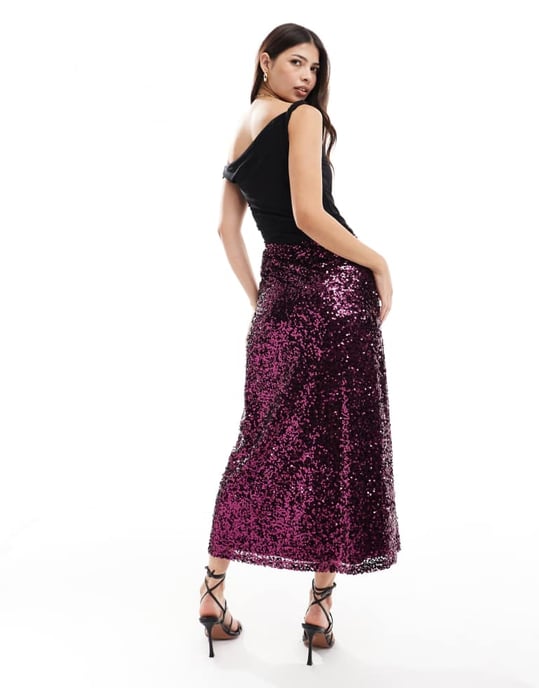 ASOS DESIGN paljettmaxikjol i vinröd - Image 2