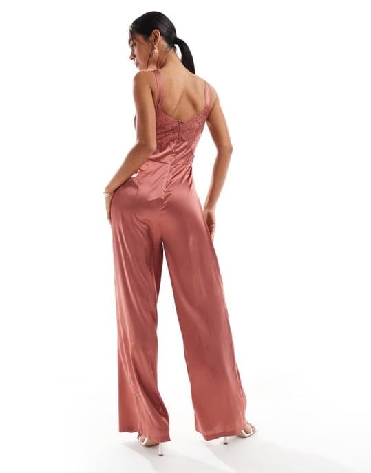 ASOS DESIGN lace mix corset detail wide leg satin jumpsuit in brown - Image 3