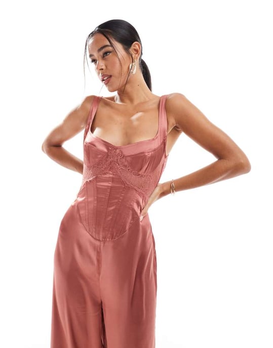 ASOS DESIGN lace mix corset detail wide leg satin jumpsuit in brown - Image 4