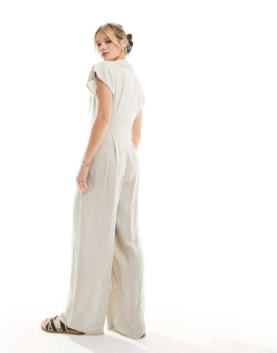 ASOS DESIGN krage linne knapprad overall i havre - Image 4