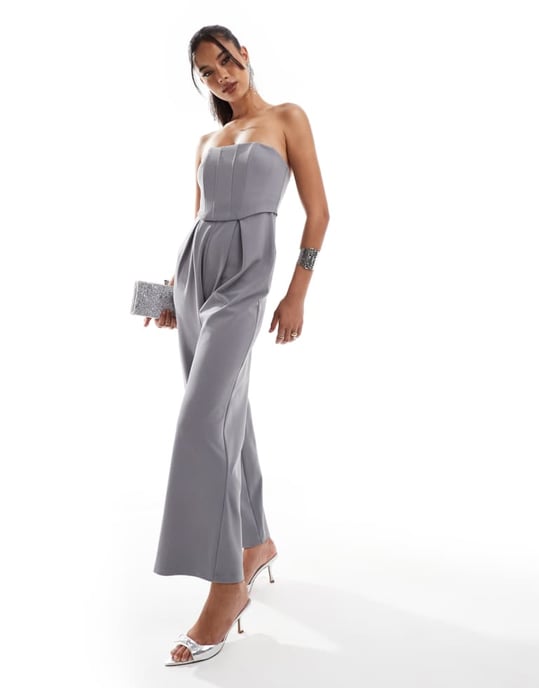 ASOS DESIGN bandeau korsett byxdress i rökgrå - Image 2