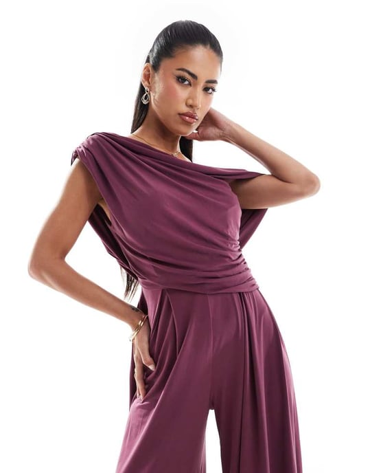 ASOS DESIGN fallande axel bredbenad jumpsuit i plommon - Image 4