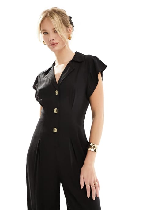 ASOS DESIGN skjortkragad linnesammetsdräkt med knäppning fram i svart - Image 4