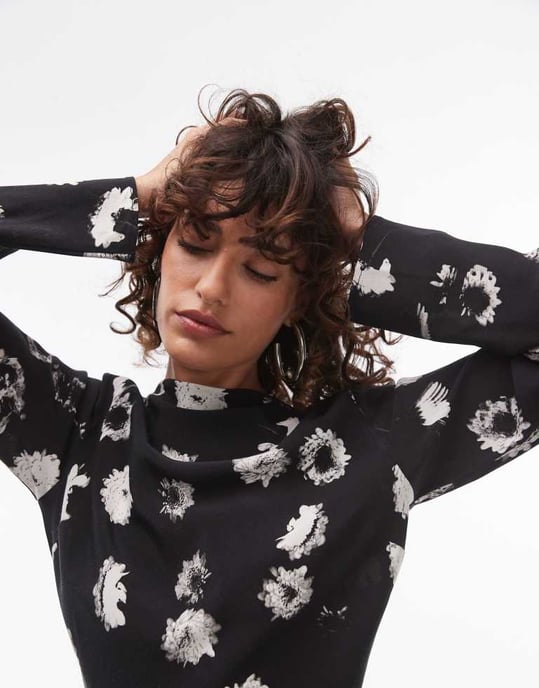 Topshop long sleeve slash neck mini dress in mono print - Image 2