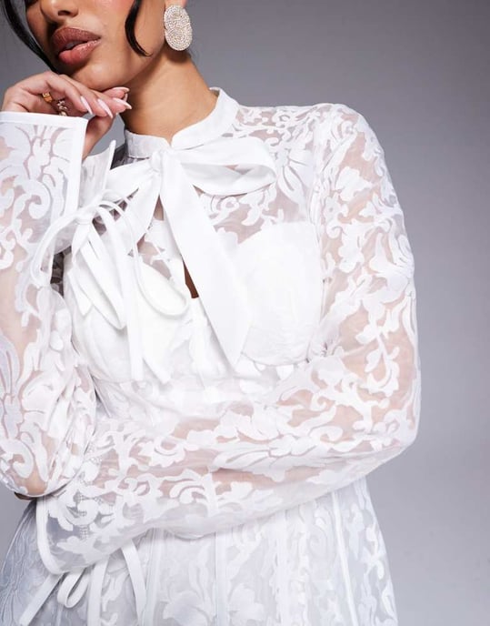 ASOS LUXE jacquard spets långärmad burklänning i vitt - Image 3