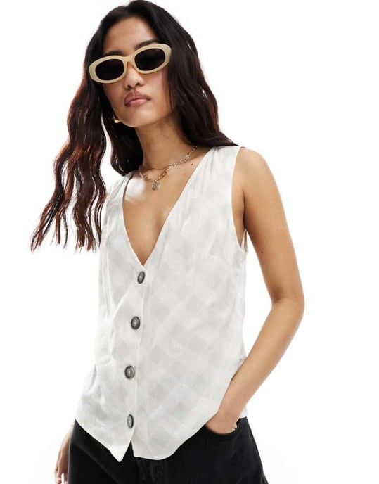 ASOS DESIGN krinklad linne-look väst i rutigt mönster - Image 1