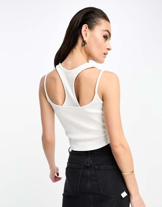 Calvin Klein Jeans märke ribbad dubbel lager linne i vitt - Image 3