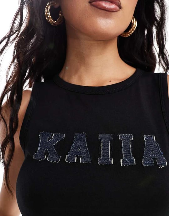 Kaiia bomullsblandning denim applikation logotyp långlinje västtopp i svart - Image 2