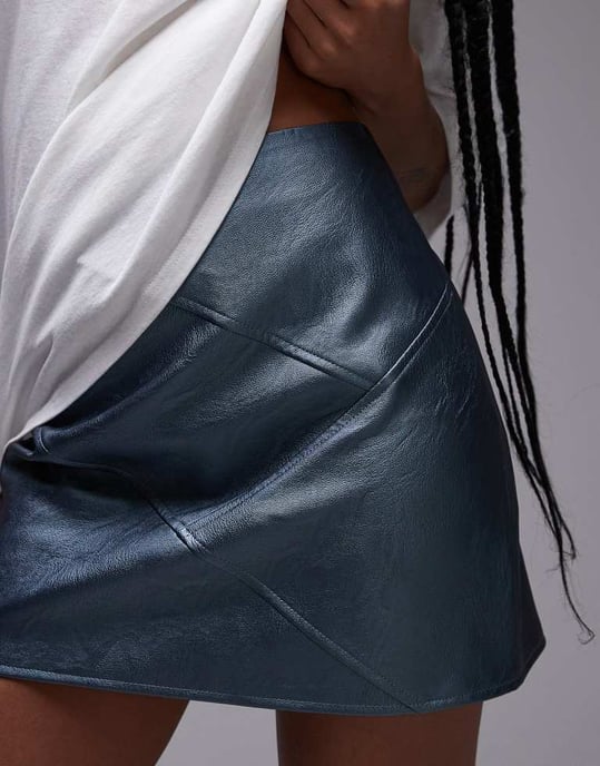 Topshop Petite faux leather panelled seam pelmet skirt in metallic airforce blue - Image 3