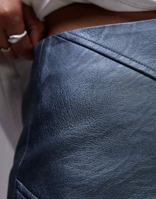 Topshop Petite faux leather panelled seam pelmet skirt in metallic airforce blue - Image 4