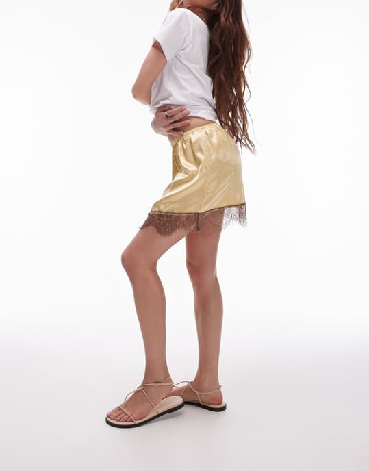 Topshop satinspets minikjol i gult med brun spets - Image 3
