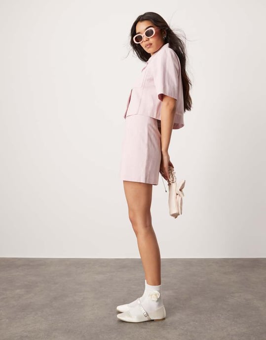 ASOS DESIGN skräddarsydd minikjol i linne i rosa set - Image 4