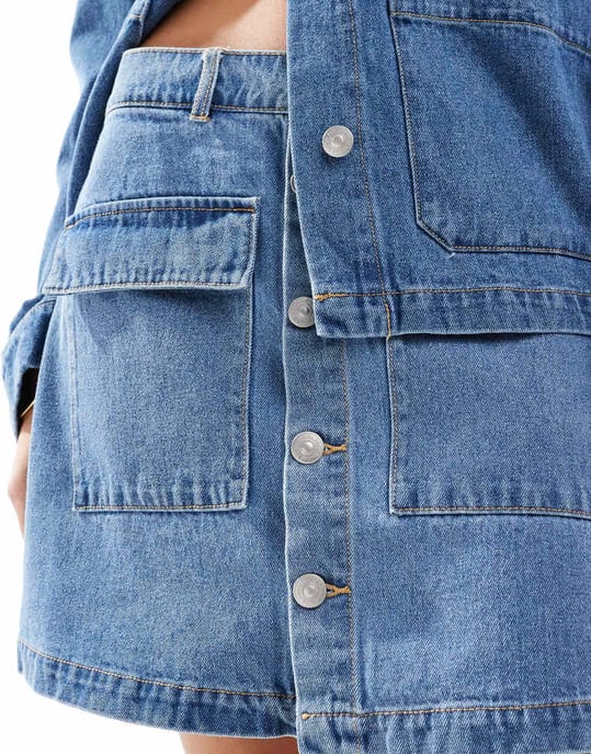Pieces utility denim miniskirt set i medelblå - Image 4