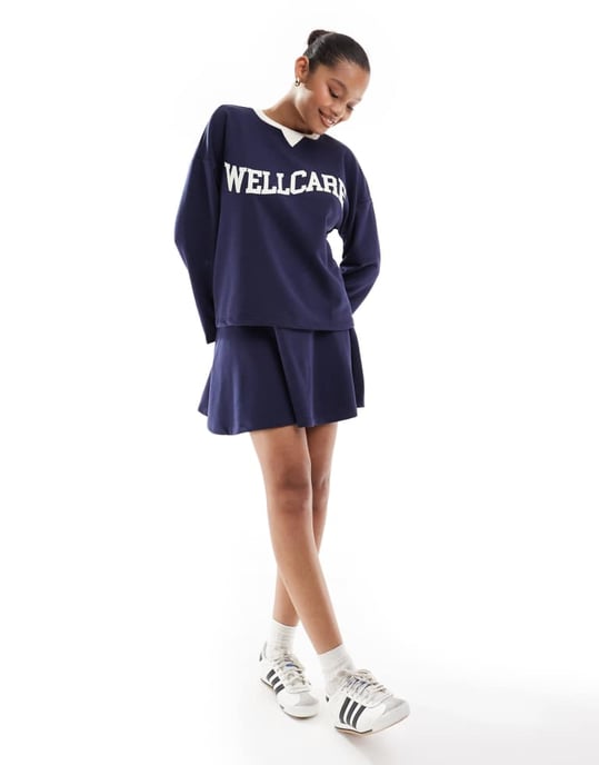 Pieces wellness 'Wellcare' a-linje jersey mini kjol koord i marinblå - Image 2