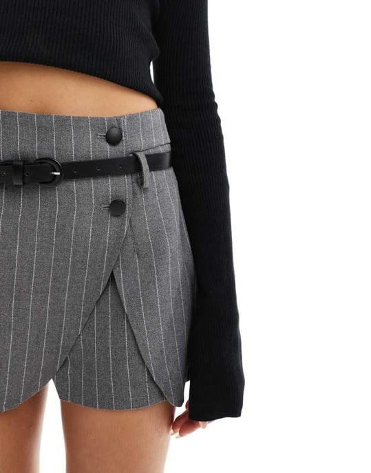 ASOS DESIGN skräddarsydd knyt bälte kortkjol i grårandig - Image 4