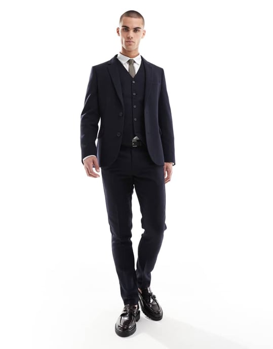 ASOS DESIGN slim passform väst i ull i marinblått - Image 3