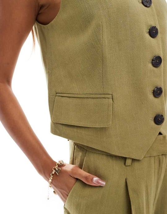Vero Moda linnekänsla västset i olivgrön - Image 3