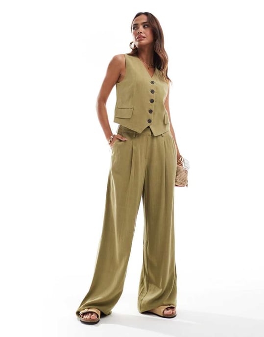 Vero Moda linnekänsla västset i olivgrön - Image 4